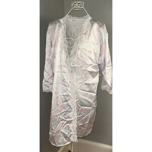 Vintage Miss Elaine Floral Lace Trim Robe - Long Sleeve Belted Made In USA Large